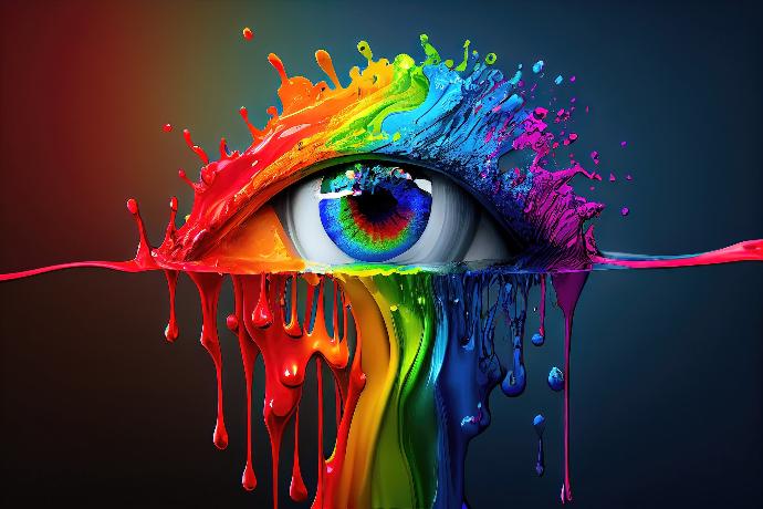 a rainbow colored eye with dripping paint on it